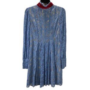 MSGM Abito Blue Lace Dress w Red Ribbon, Size 40, Luxury Designer Made in Milano
